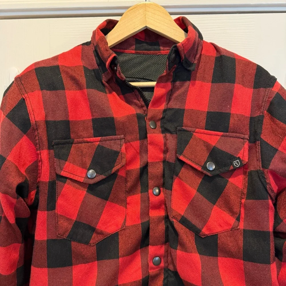 NBT Flannel Jacket Mens Sz L Armored Jacket Plaid Moto Type B Red Black T FLAW - Picture 4 of 11